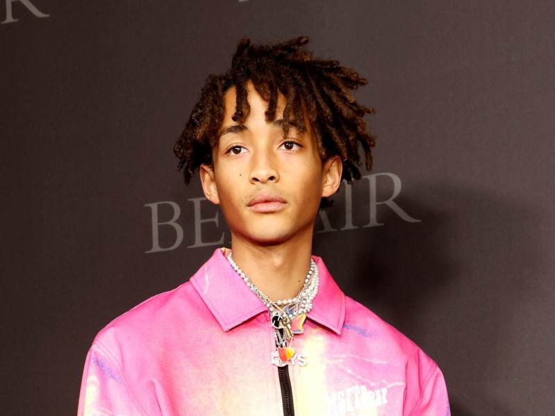 Jaden Smith at the BEL-AIR premiere party in 2022 wearing a colorful jacket.