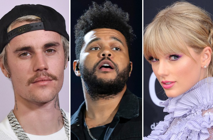 2020 American Music Award nominees Justin Bieber, The Weeknd, and Taylor Swift