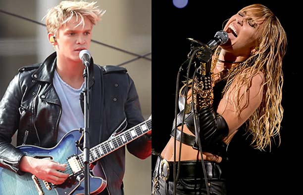 A photo of Cody Simpson playing guitar next to a photo of Miley Cyrus in black leather, performing.