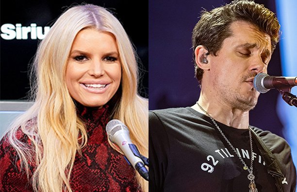 A photo of Jessica Simpson in a red dress next to a photo of John Mayer performing