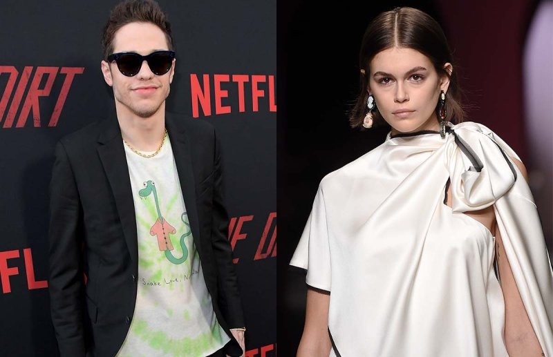 A photo of Pete Davidson in sunglasses next to a photo of Kaia Gerber on the runway in a white dress