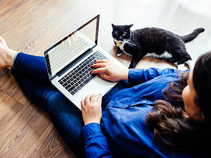 A woman working on a laptop, a cat sitting beside her