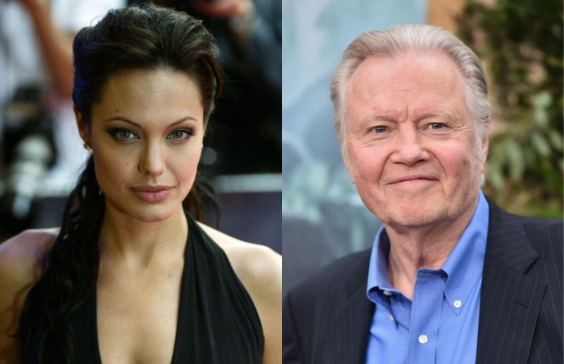 Angelina Jolie wearing a black dress on the red carpet. A separate photo of Jon Voight wearing a bla