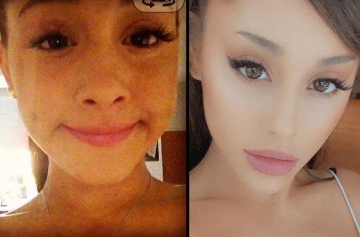 Ariana Grande talking a selfie in one of her first Instagram posts side by side with a recent selfie posted to Instagram