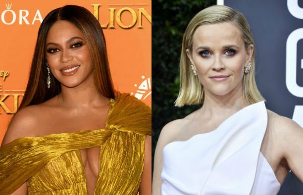 Beyonce in a gold dress on the Lion King red carpet. Reese Witherspoon in a white dress on the Golde