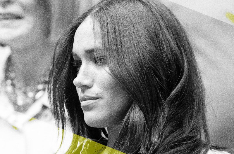 Black and white close up of Meghan Markle