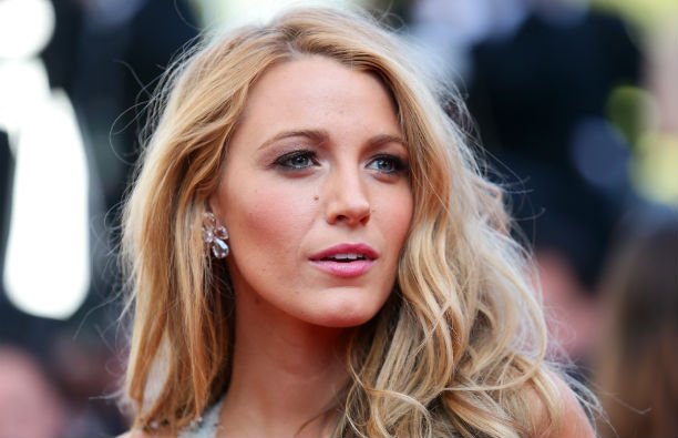 Blake Lively in a silver-blue dress on the red carpet