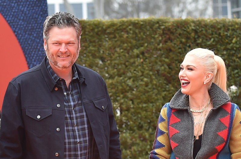 Blake Shelton and Gwen Stefani arrive together at the premiere of Ugly Dolls