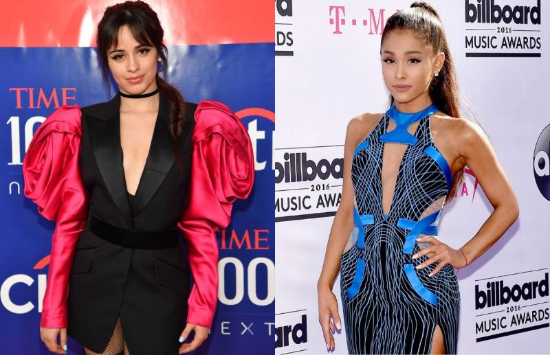 Camila Cabello wearing a black and pink dress on the red carpet. Ariana Grande wearing a blue and bl