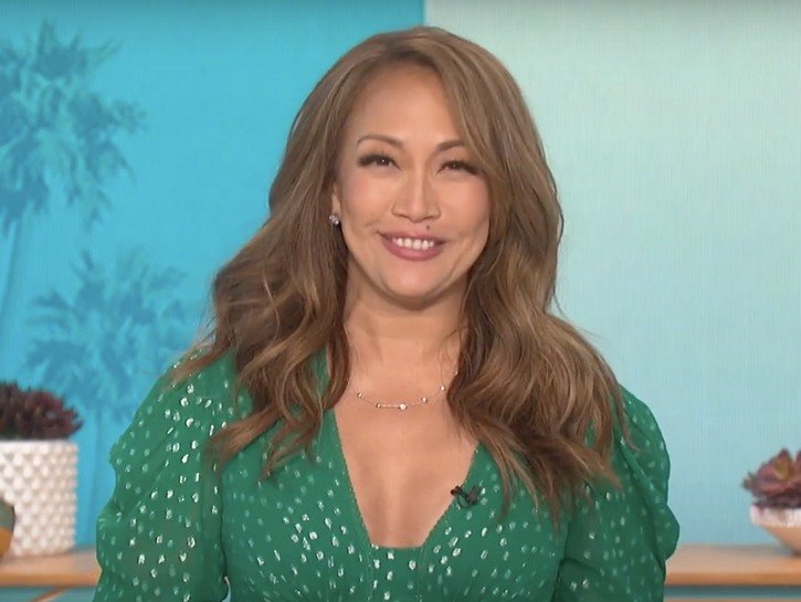 Carrie Ann Inaba wearing a green dress with white spots on The Talk