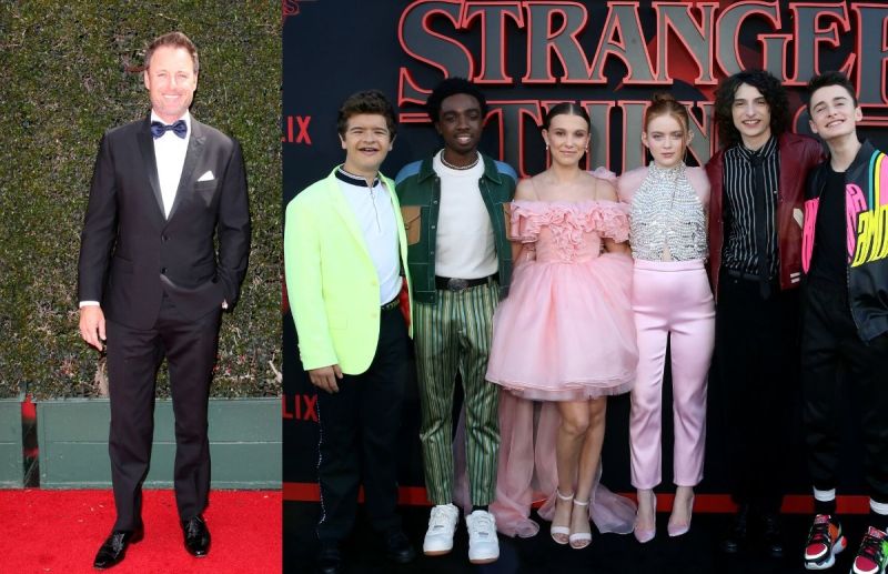 Chris Harrison wearing a black tux on the red carpet. The young cast members of Stranger Things on t