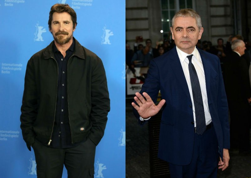 Christian bale in a dark jacket on the red carpet. Rowan Atkinson in a dark blue suit on the red car