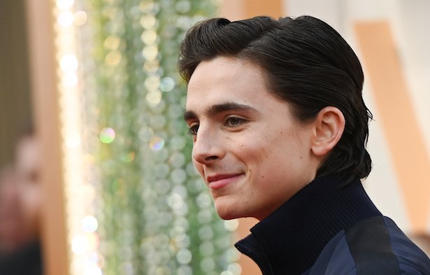 close up side profile of Timothee Chalamet smiling in a black jacket