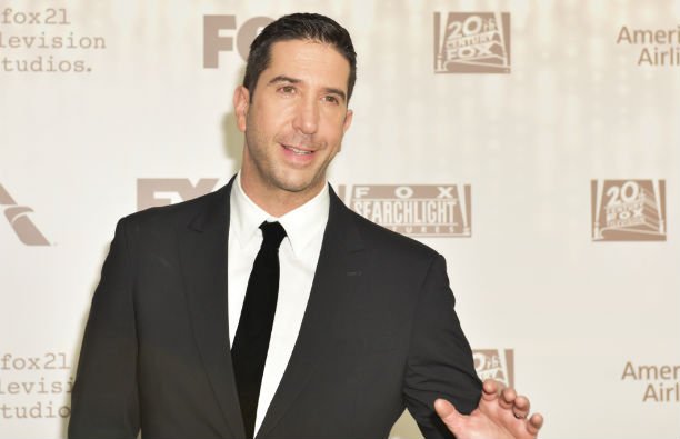 David Schwimmer wearing a black suit on the red carpet.