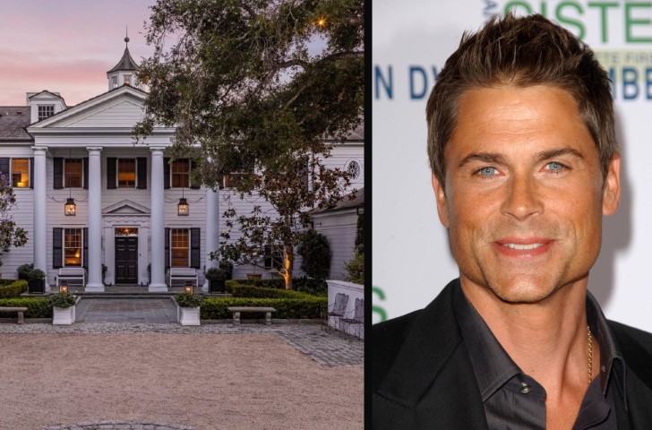 Exterior of mansion side by side with Rob Lowe