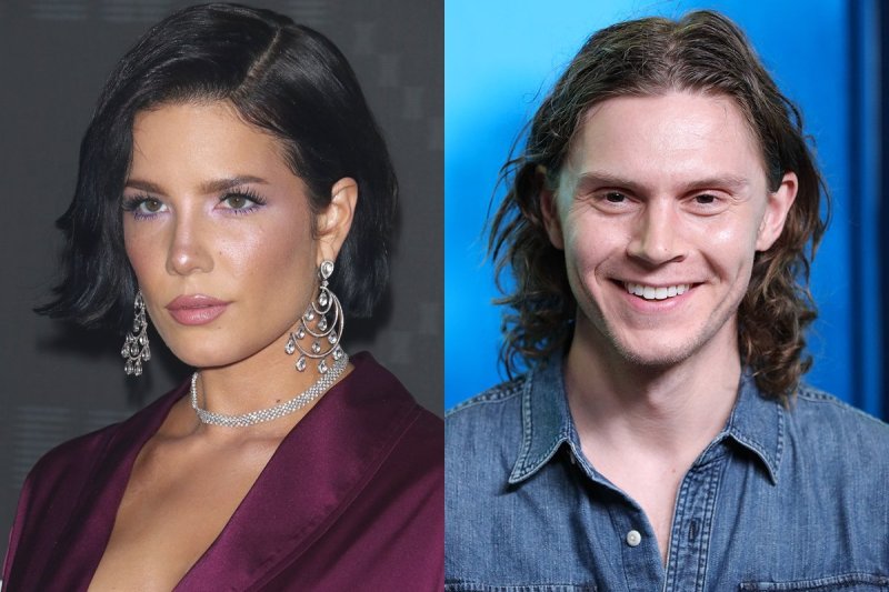 side by side photos of Halsey in a royal purple top next to Evan Peters in a light denim shirt