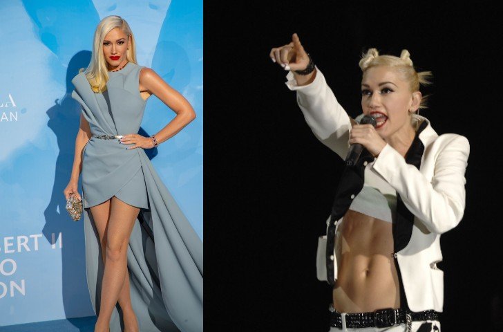 Gwen Stefani looking glamorous on the red carpet side by side with her rocking a crop top while performing on stage
