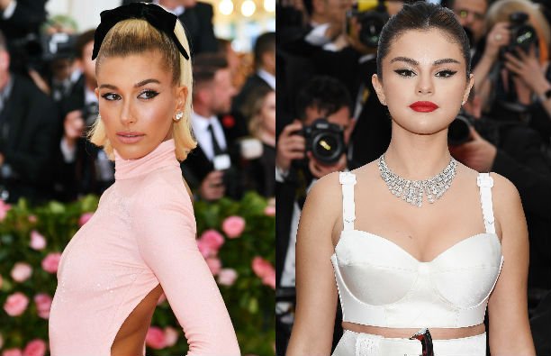 Hailey Baldwin in a pink dress at the Met Gala; Selena Gomez in a white two-piece ensemble on the re