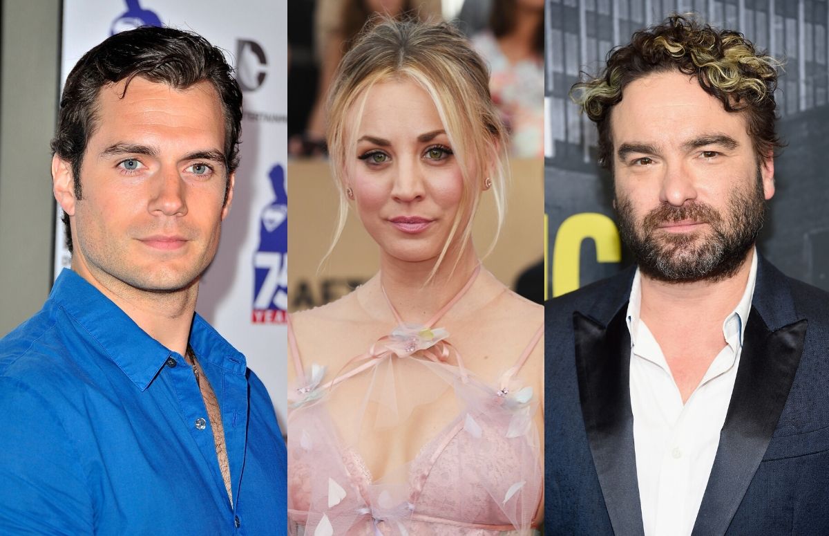 Henry Cavill in a gray suit on the red carpet. Kaley Cuoco in a pink dress on the red carpet. Johnny