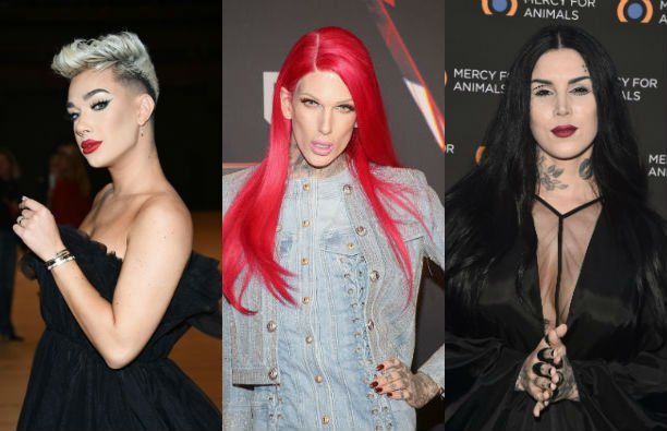 James Charles in a black dress at the Marc Jacobs fashion show. Jeffree Star in a denim dress and ja