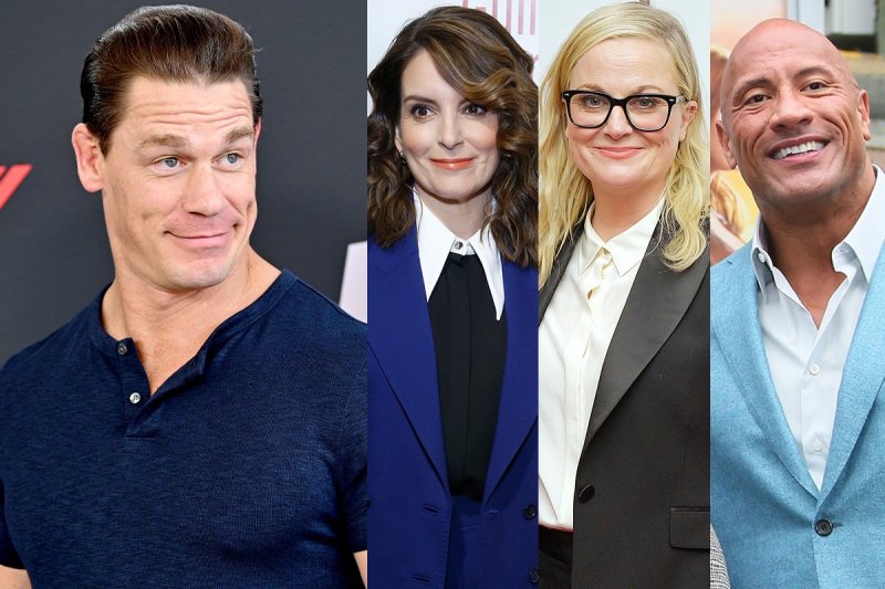 Side by side photos of John Cena in blue, Tina Fey in a blue suit, Amy Poehler in a black suit, Dway