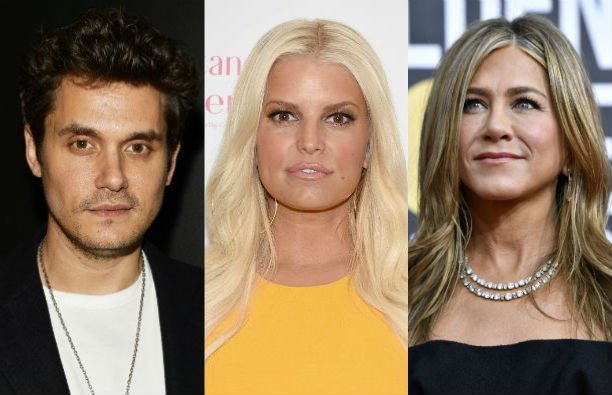 John Mayer in a black blazer on the red carpet. Jessica Simpson in a yellow dress on the red carpet.