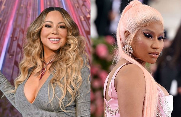 Mariah Carey in a silver dress on the red carpet/Nicki Minaj in a pink corset dress at the Met Gala