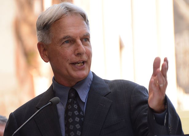 Mark Harmon in a grey and blue suit speaks into a mic on a light background