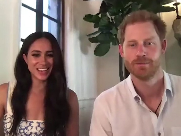Meghan Markle on the left, Prince Harry on the right, on a Zoom call.
