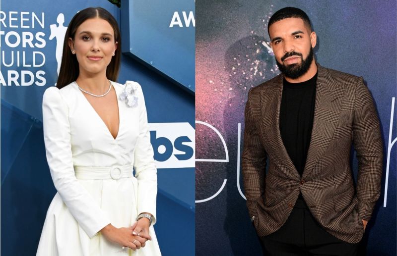 Millie Bobby Brown in a white ensemble on the red carpet. Drake wearing a brown suit jacket on the r