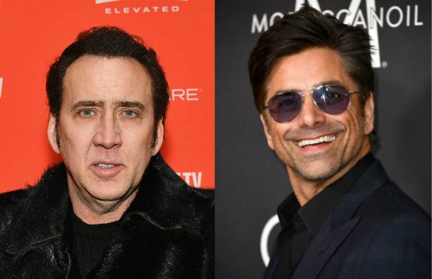 Nicolas Cage in a black fur coat on the red carpet. John Stamos in a black suit and sunglasses on th