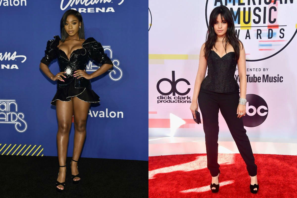 Normani wearing a black dress on the red carpet. Camila Cabello wearing a black top and pants on the