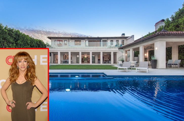 Outside view of pool, backyard, and mansion inset with image of Kathy Griffin