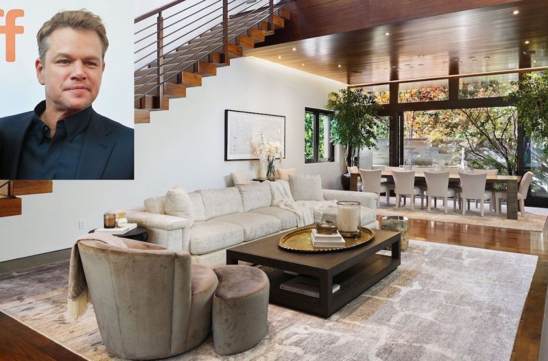 Photo of Matt Damon in a black suit overlaid on a photo of a mansion's living room