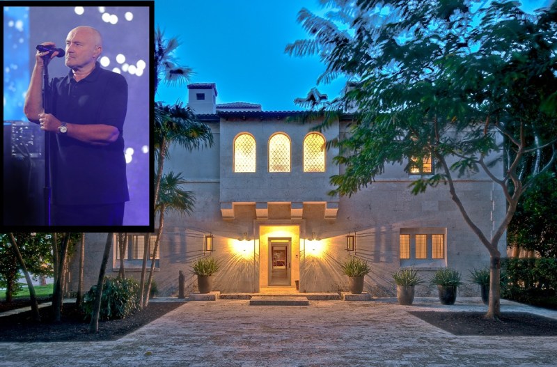 photo of Phil Collins singing overlaid with a photo of his now sold home