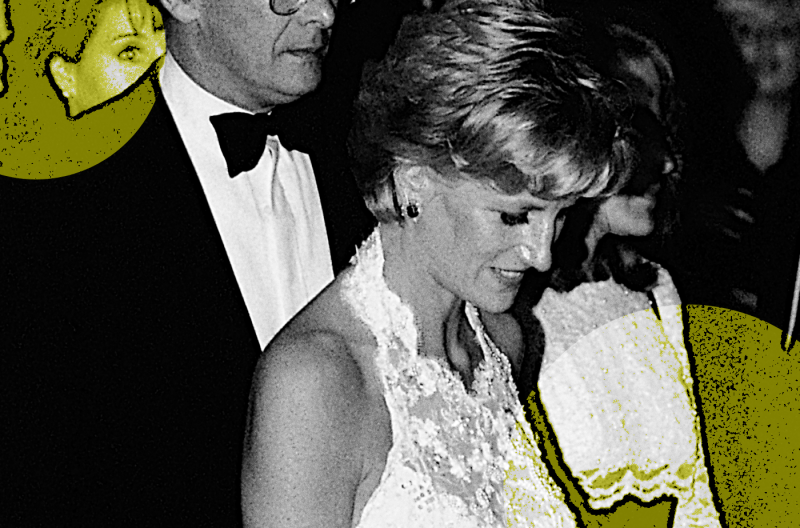 Princess Diana leaving a fundraiser wearing a white dress in Washington D.C.
