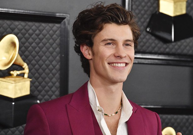 Shawn Mendes smiling in a maroon suit and white shirt at the Grammys