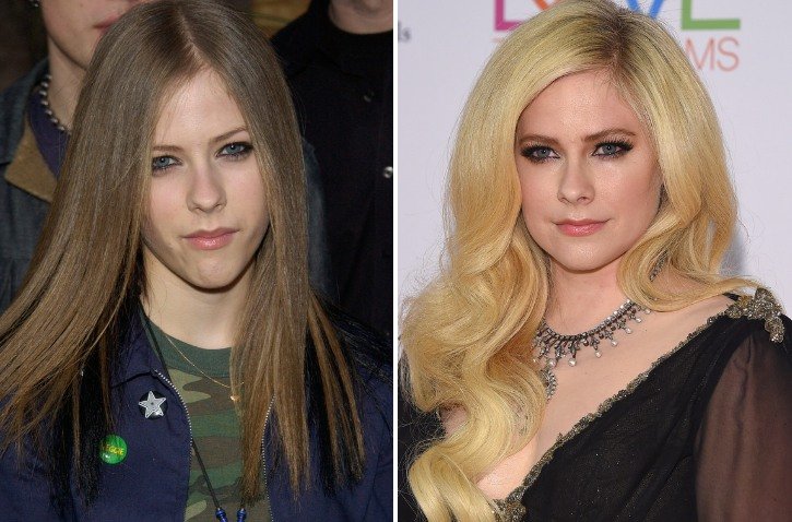 Side-by-side image of Avril Lavigne in 2002 and Avril Lavigne in 2018