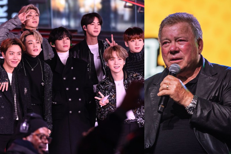 side by side images of all members of BTS next to William Shatner in black