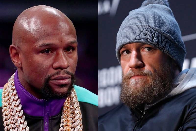side by side images of Floyd Mayweather in purple with several necklaces next to Conor McGregor in a