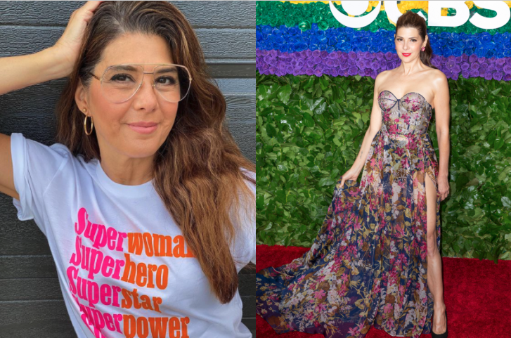 Side by side images of Marisa Tomei in a t-shirt and glasses and her in a gown on the red carpet.