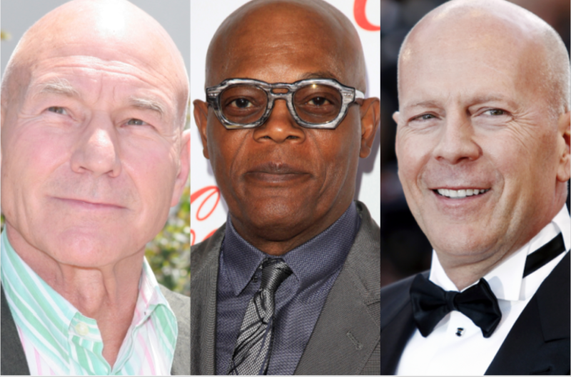 Side by side images of Patrick Stewart, Samuel L. Jackson, and Bruce Willis.