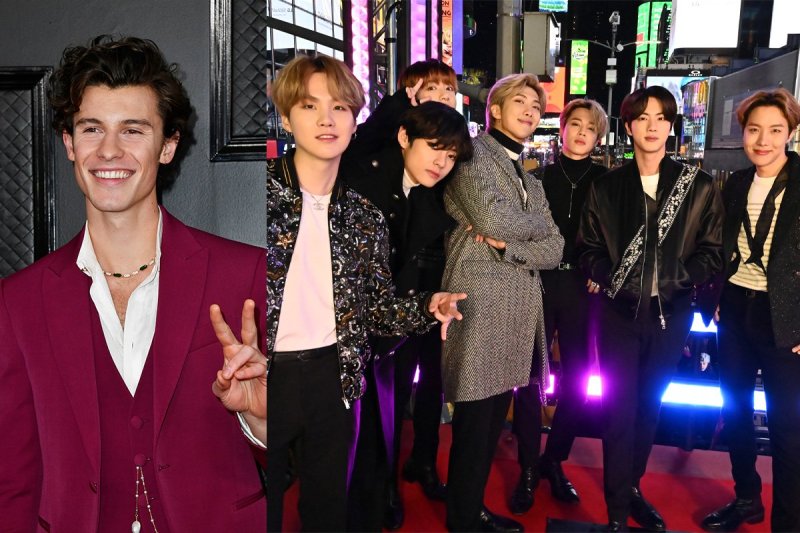 side by side images of Shawn Mendes in a maroon suit and all 7 members of BTS