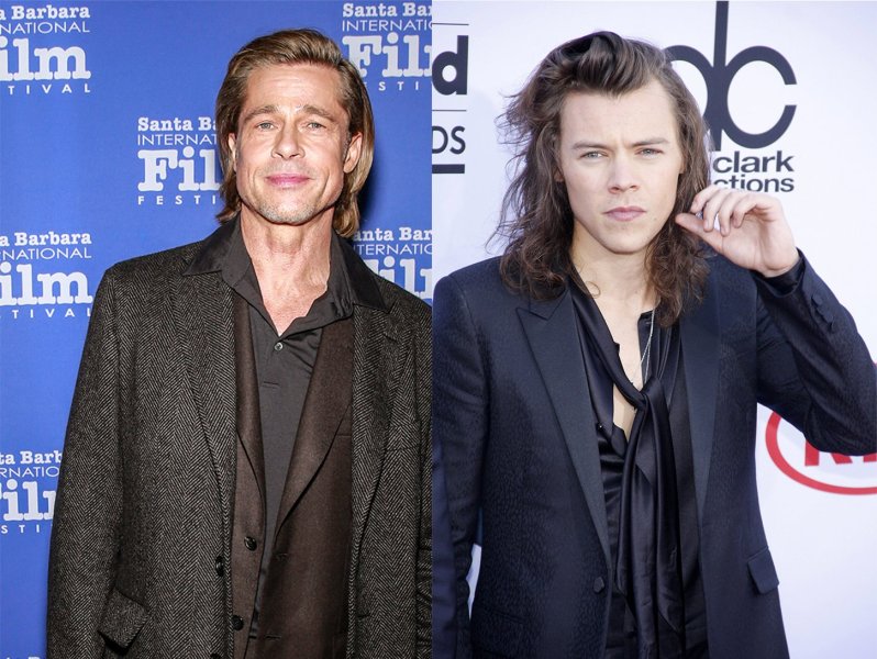 Side-by-side photos, Brad Pitt on the left, Harry Styles on the right.