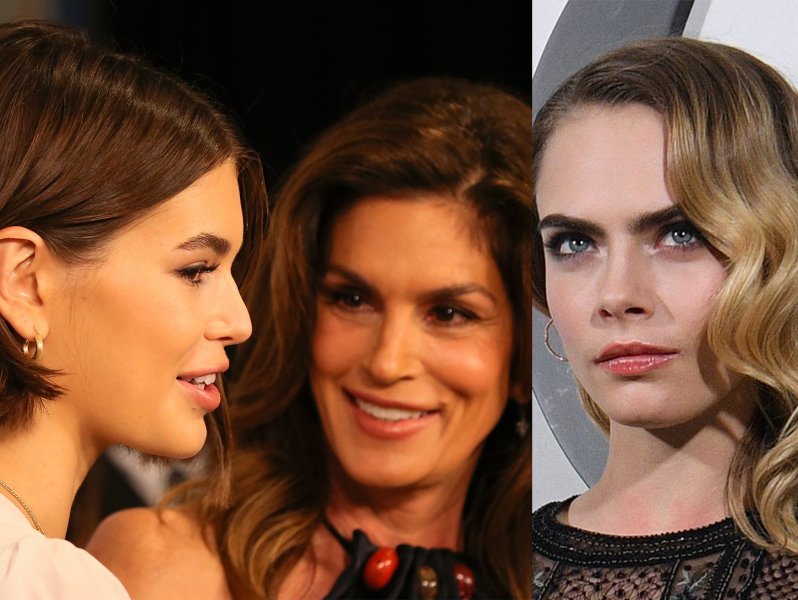 Side by side photos. Kaia Gerber with Cindy Crawford on the left, Cara Delevingne on the right.