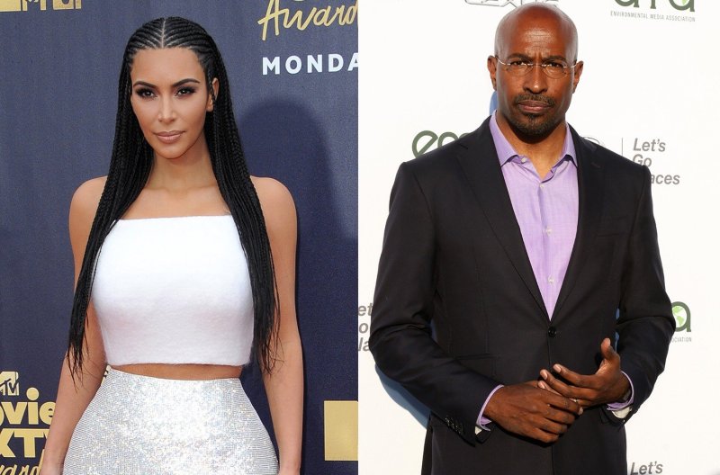 Side by side photos. Kim Kardashian West in the left in a white outfit. Van Jones on the right in a suit.