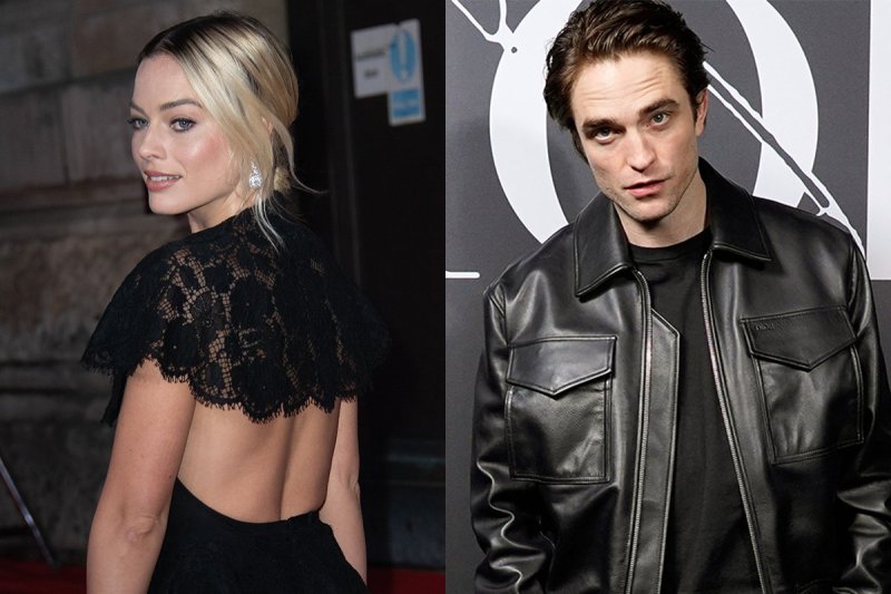 Side by side photos. Margot Robbie with her back turned in a backless dress on the left, Robert Patt