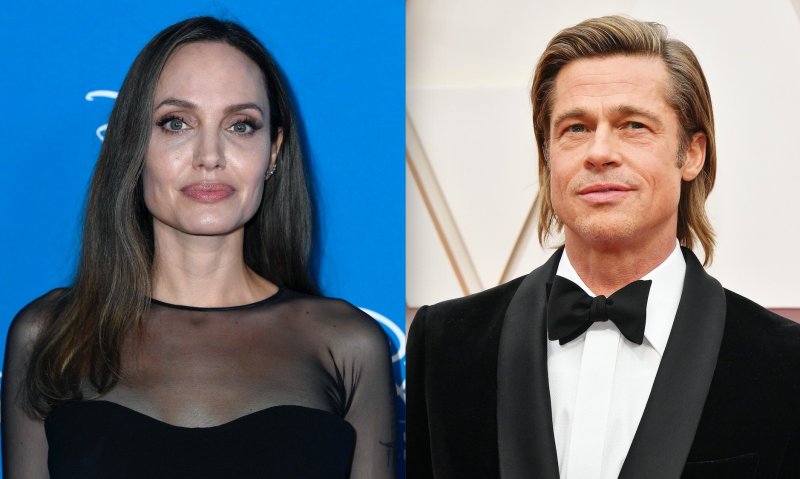 Side by side photos of Angelina Jolie in front of a blue background and Brad Pitt at the Oscars