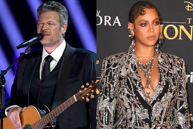 side by side photos of Blake Shelton in a suit and Beyonce in a pantsuit