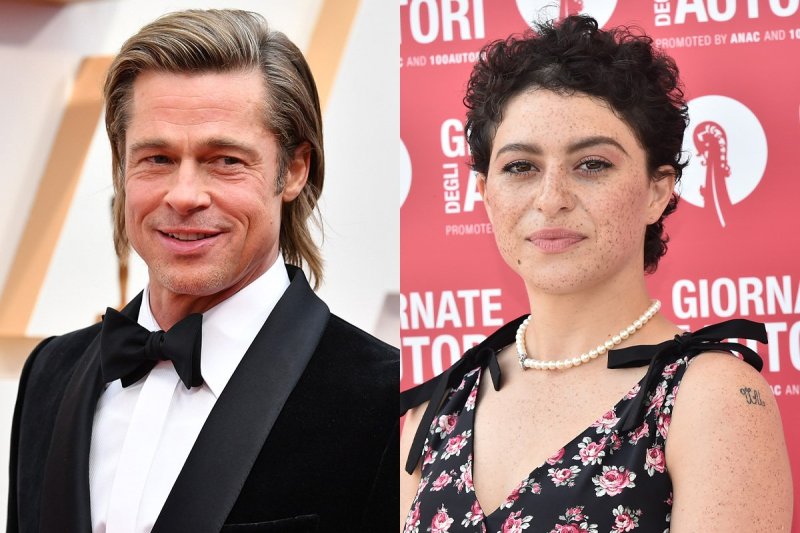 side by side photos of Brad Pitt in a tuxedo and Alia Shawkat in a floral patterned dress